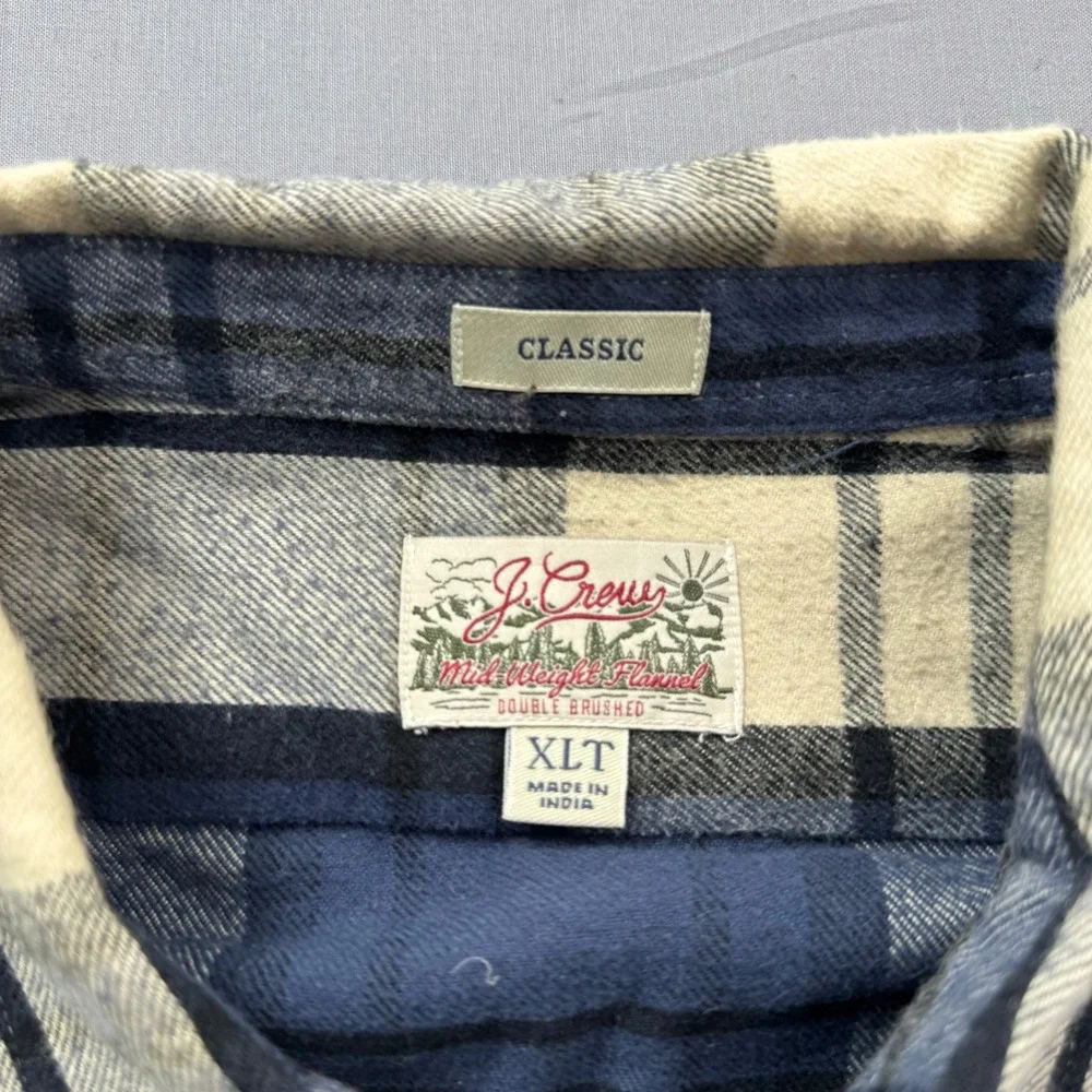 J. Crew Mid-Weight Flannel Shirt Men XLT Blue Cream Plaid Double Brushed Classic